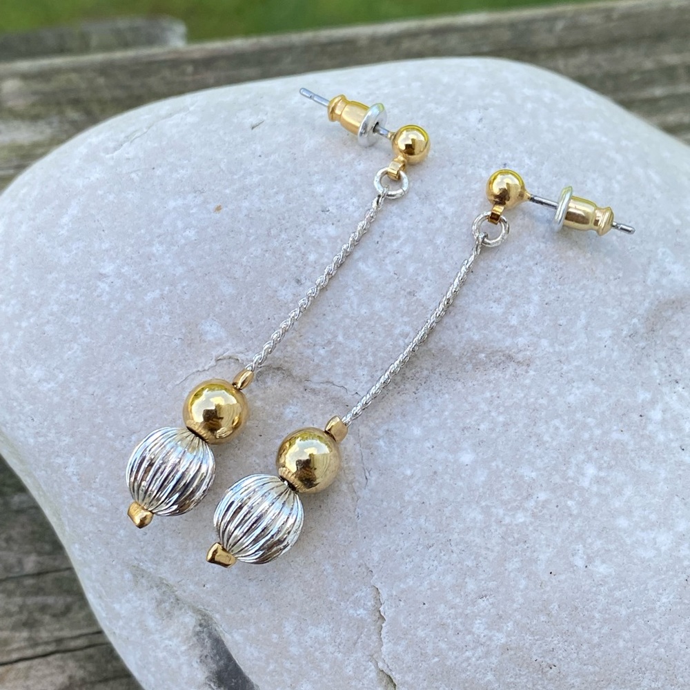 Beaded drop ball earrings silver and gold tone